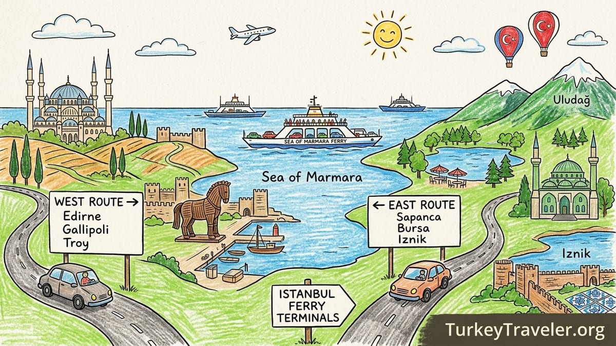 Coastal highway and car ferry on the Sea of Marmara near Bursa at sunset