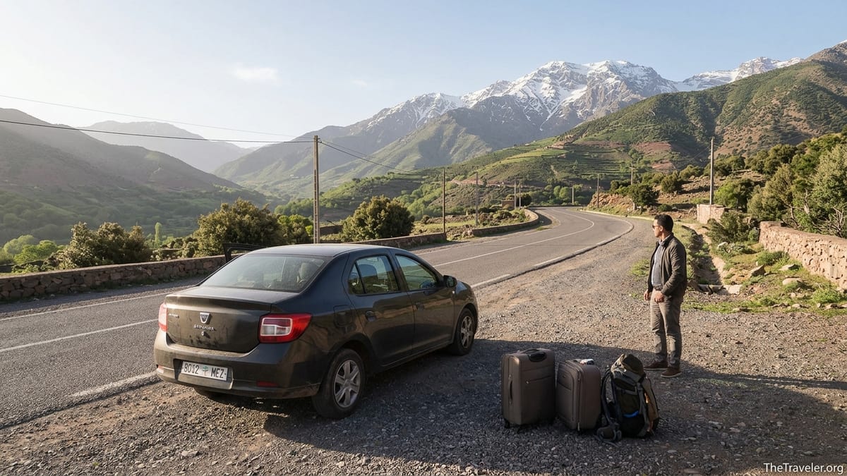 Car stopped on Atlas Mountain road near Marrakech with luggage and distant peaks.