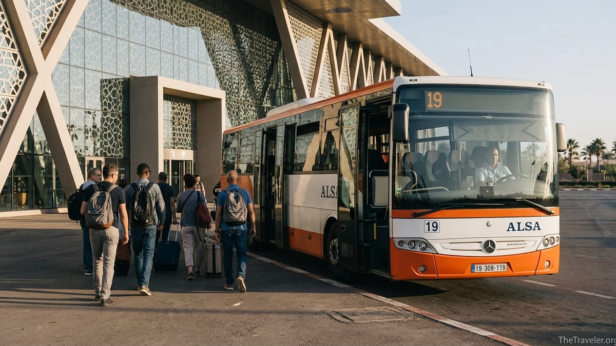 Travelers with luggage boarding Marrakech Airport Bus 19 outside Marrakech Menara terminal.