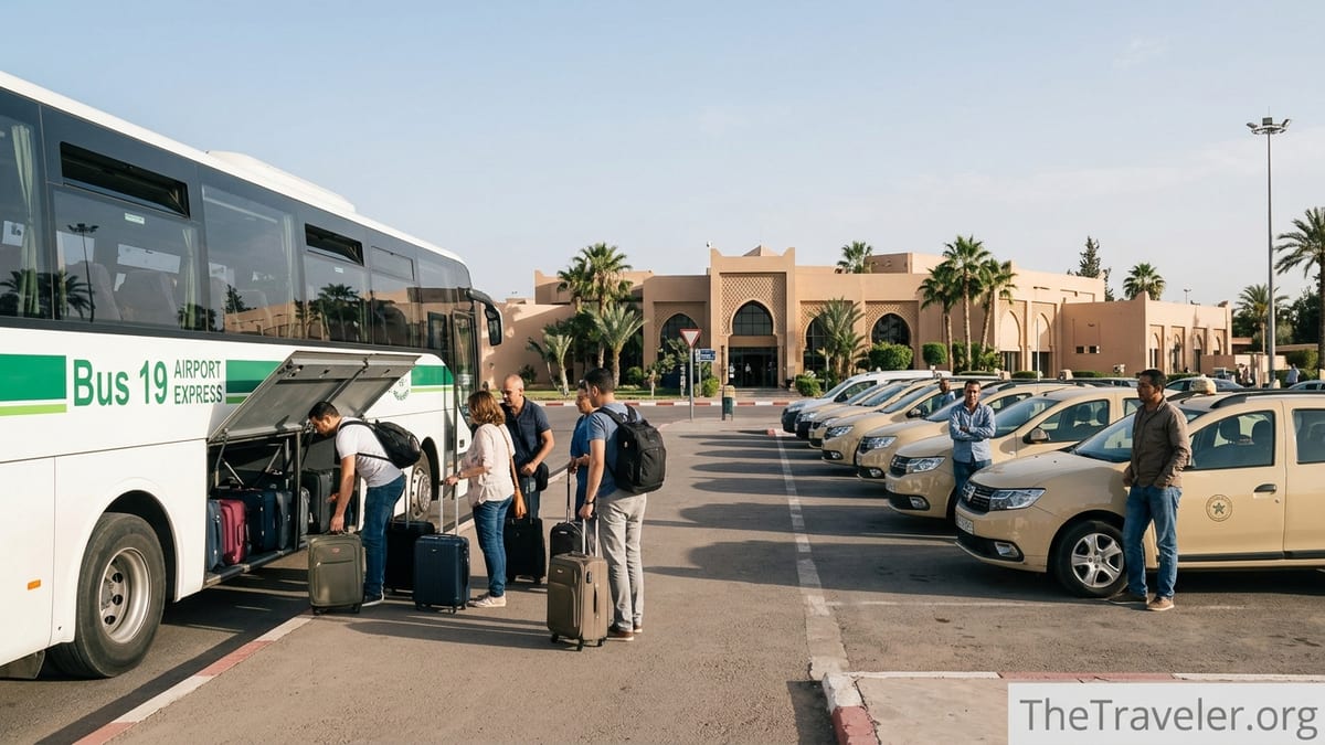 Travellers choosing between taxis and Bus 19 outside Marrakech Menara Airport.