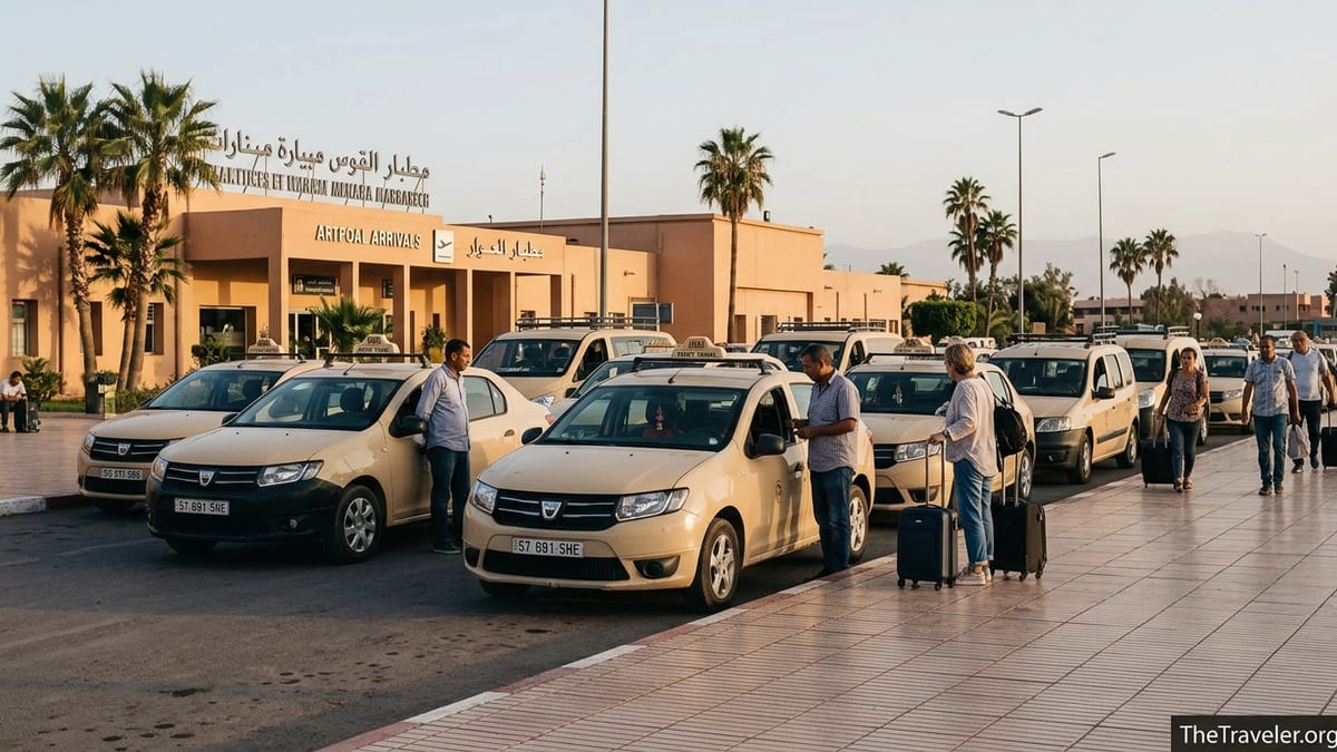 Official taxi rank outside Marrakech Menara Airport with beige taxis and arriving travelers.