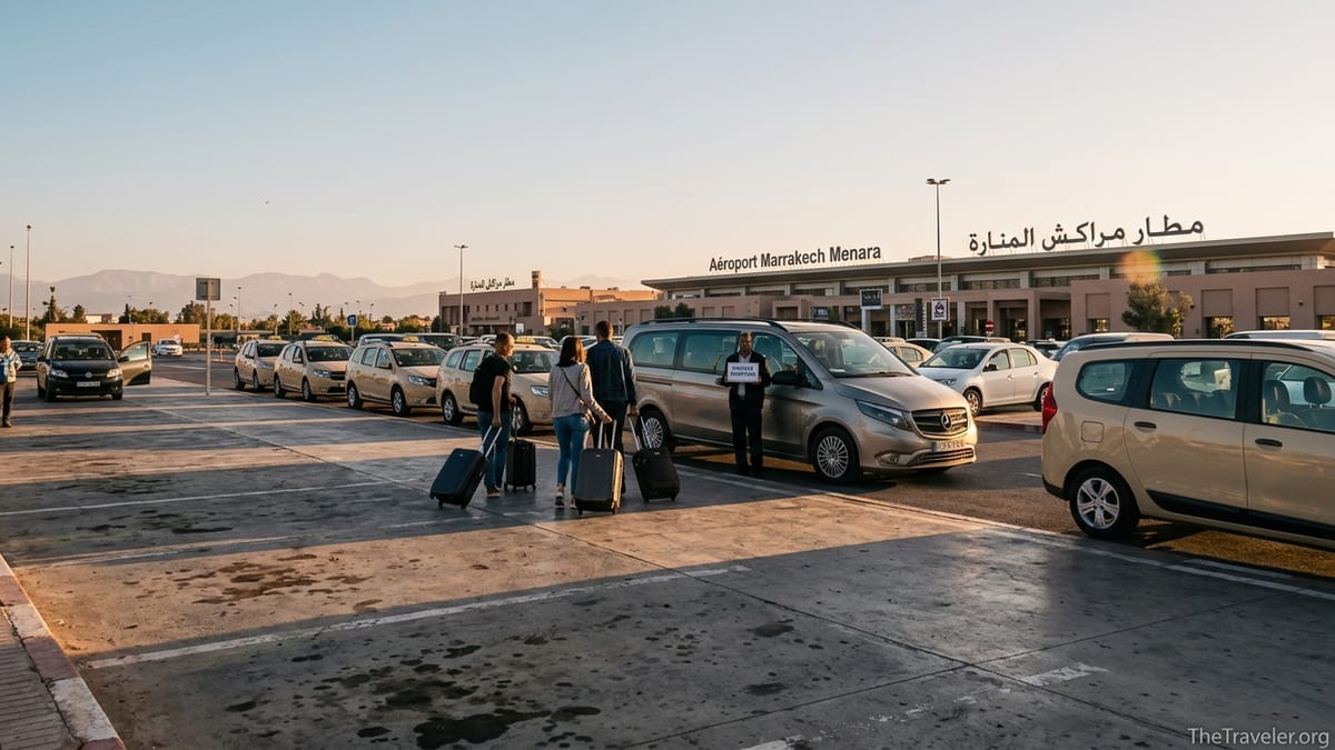 Travelers with suitcases boarding a taxi outside Marrakech Menara Airport at sunset.