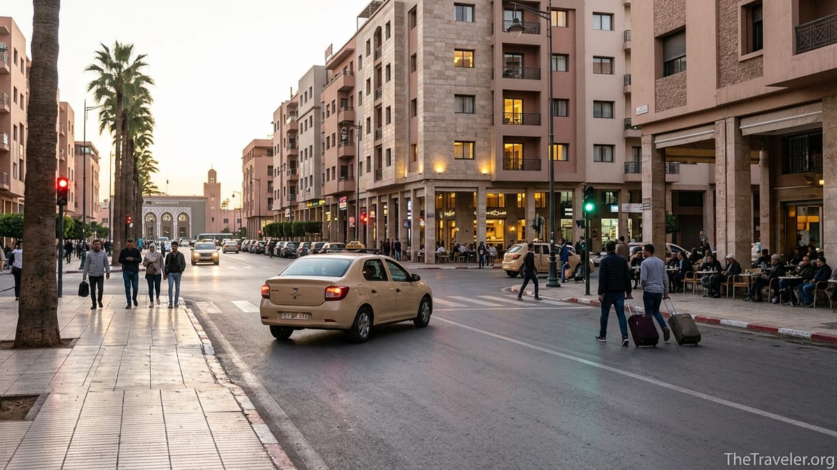 Beige taxi and travelers with suitcases on a busy evening street in Gueliz, Marrakech.