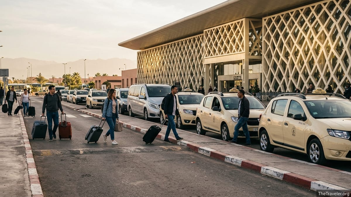 Travelers with luggage boarding taxis outside Marrakech Menara Airport at sunset.