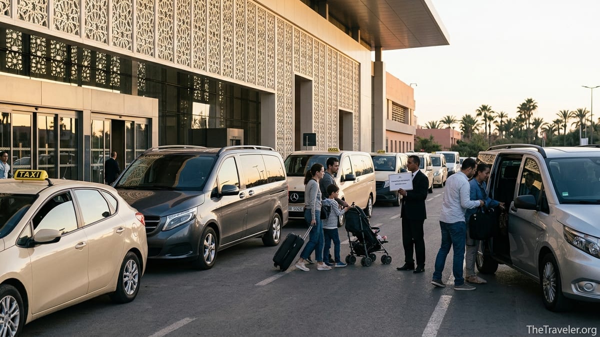 Travelers boarding private transfer vans outside Marrakech Menara Airport at sunset.