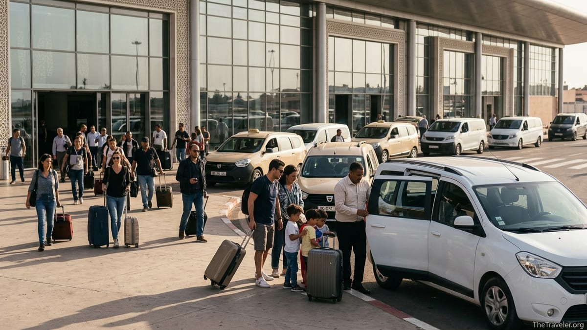 Travelers boarding taxis and a private van outside Marrakech Menara Airport arrivals.