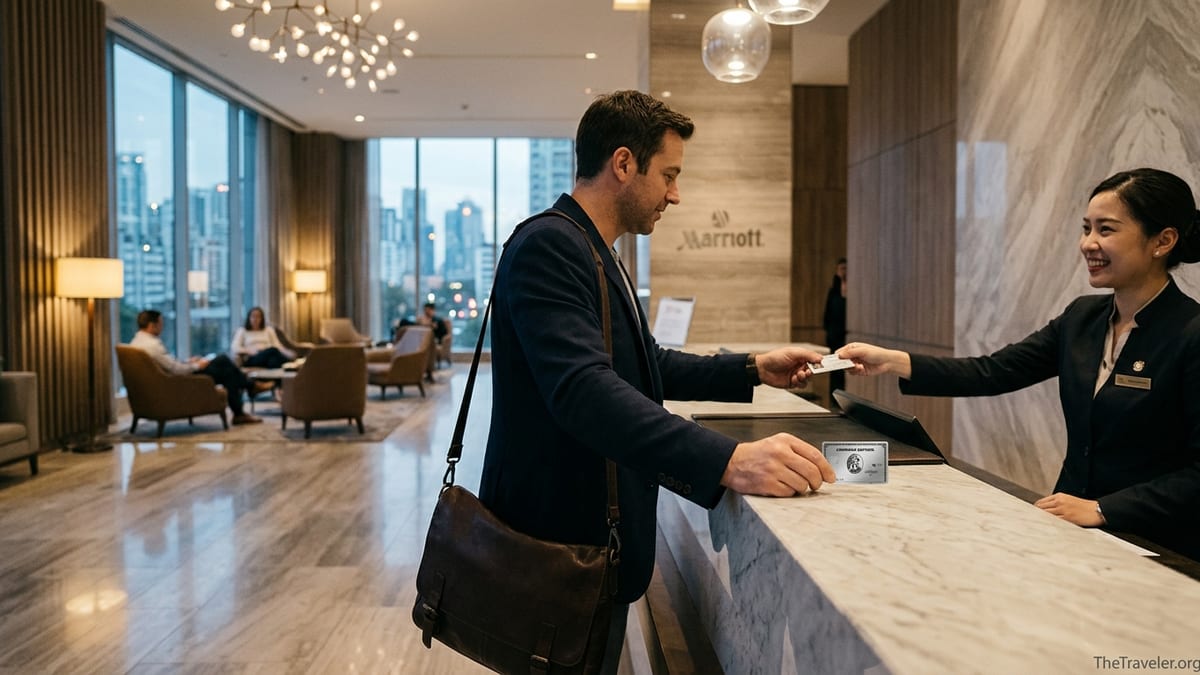 Traveler paying with an American Express card at a modern Marriott hotel front desk.