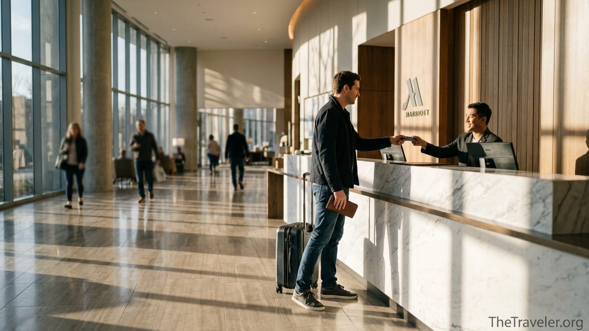Traveler paying with a credit card at a modern Marriott hotel front desk.