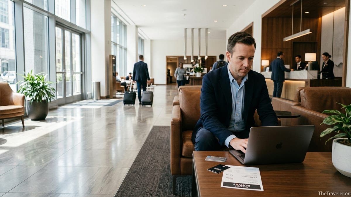 Traveler reviewing a Marriott Bonvoy Bevy Amex card and hotel folio in a bright Marriott lobby.