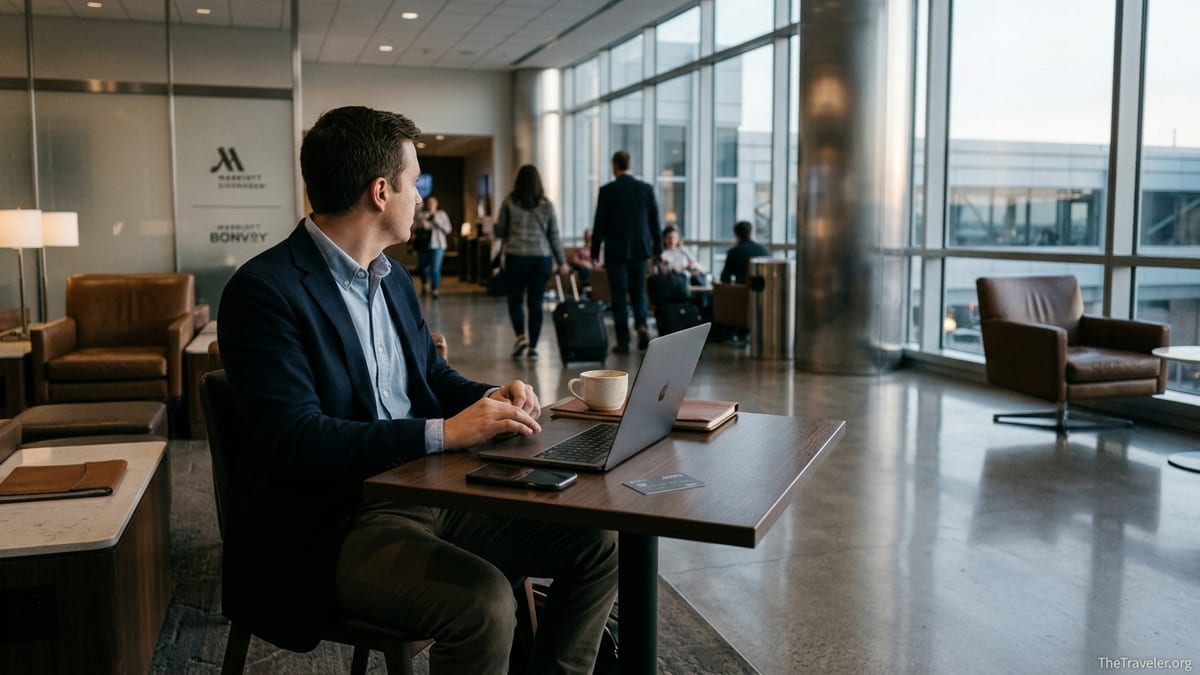 Traveler in an airport lounge using a Marriott Bonvoy card beside a laptop and coffee.
