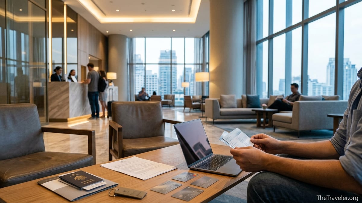 Traveler comparing hotel credit cards on a table in a modern hotel lobby.