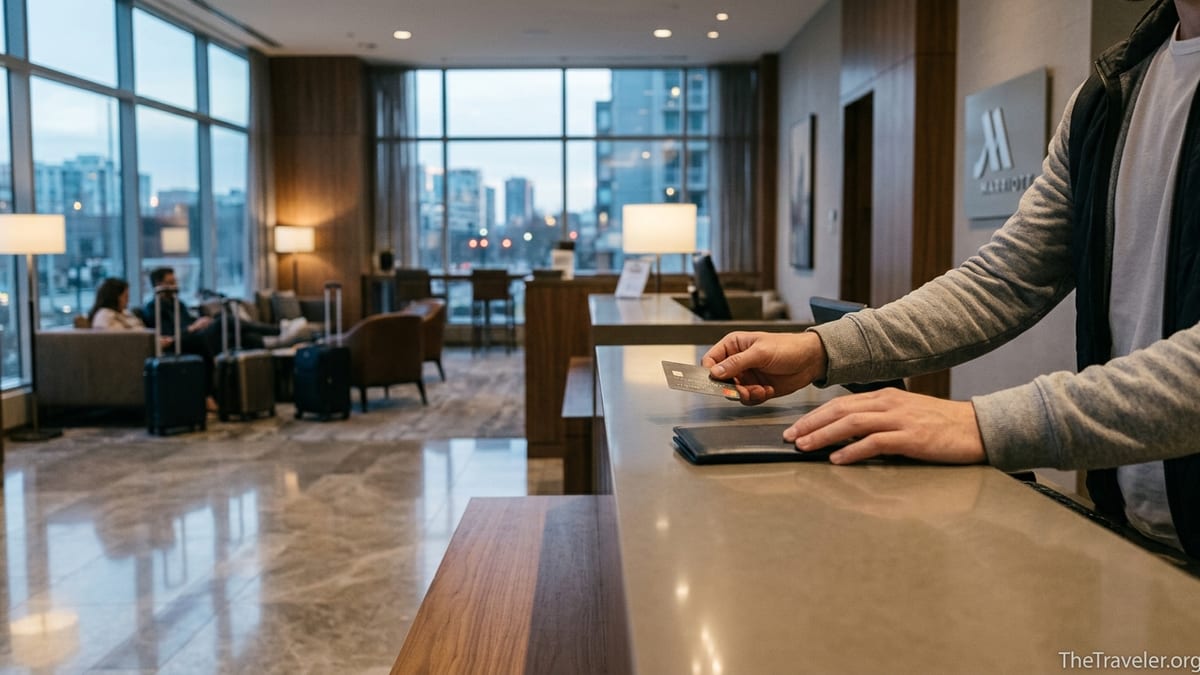 Traveler checking in at a modern Marriott hotel lobby with credit card in hand.