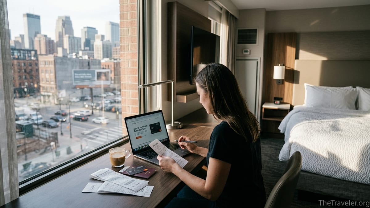 Traveler reviewing receipts and a Marriott Bonvoy Bold card at a hotel desk.