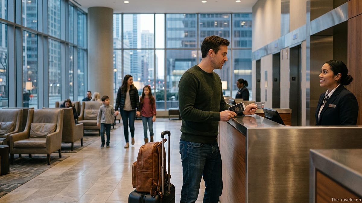 Traveler checking into a modern Marriott hotel lobby, credit card in hand.