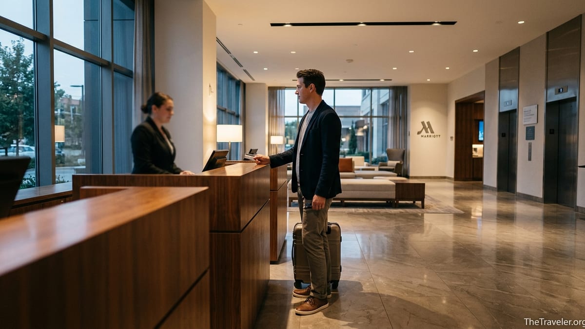 Traveler checking in at a modern Marriott hotel lobby holding a credit card.