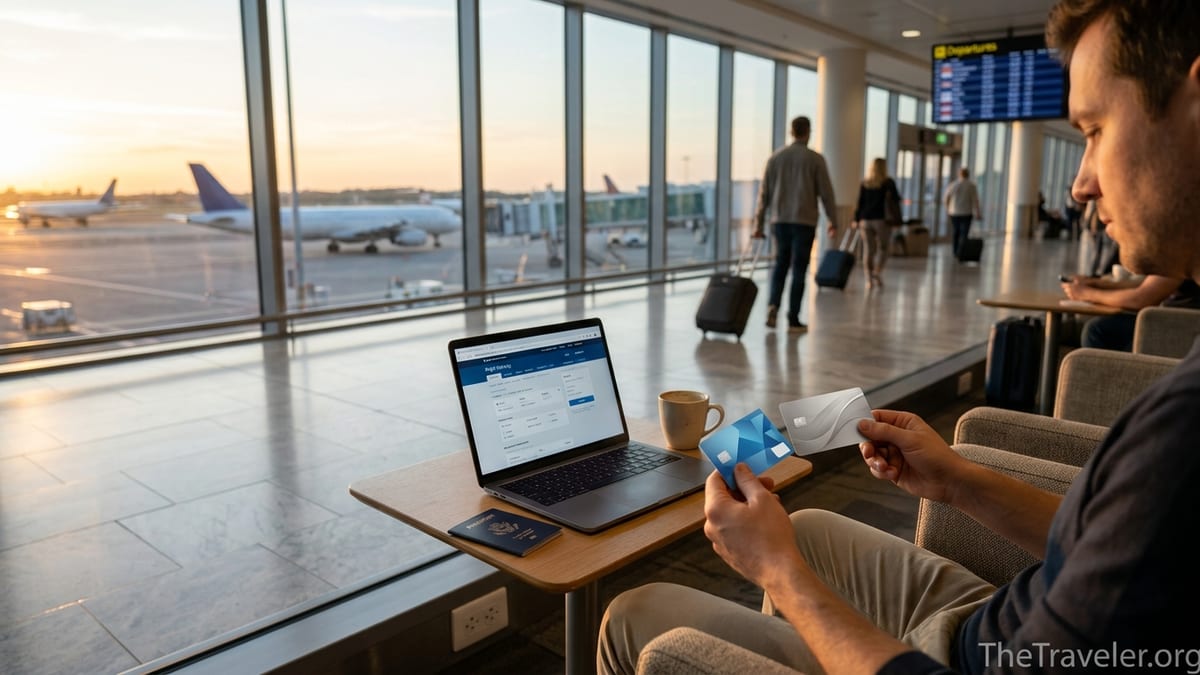 Traveler comparing two credit cards in an airport lounge at sunset.