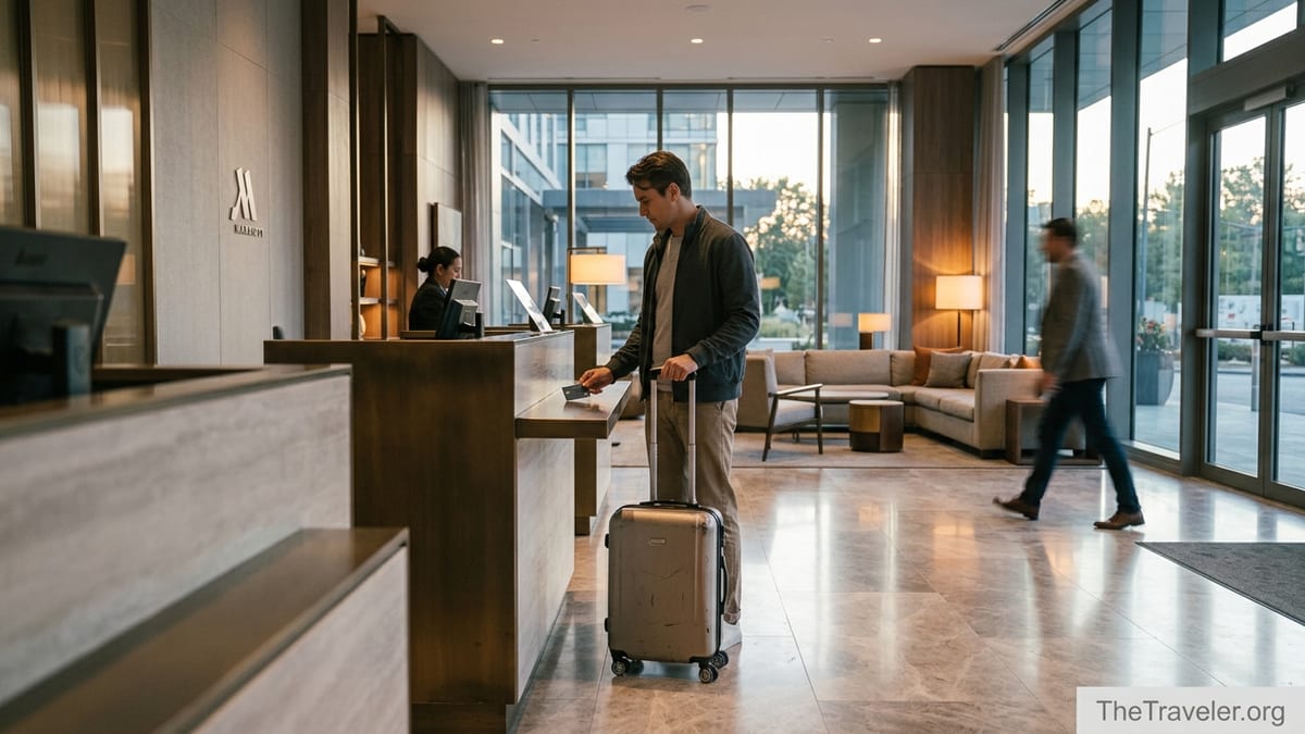 Traveler paying with a credit card at a modern Marriott hotel front desk.
