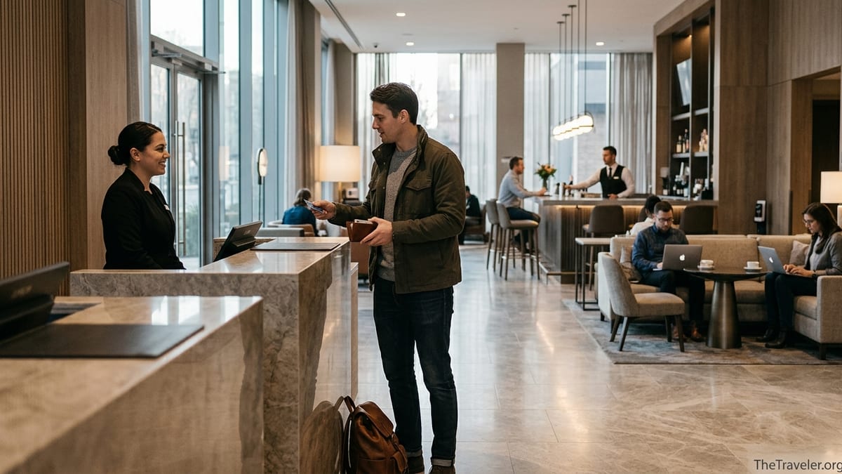 Traveler checking in at a modern Marriott hotel front desk with credit card in hand.
