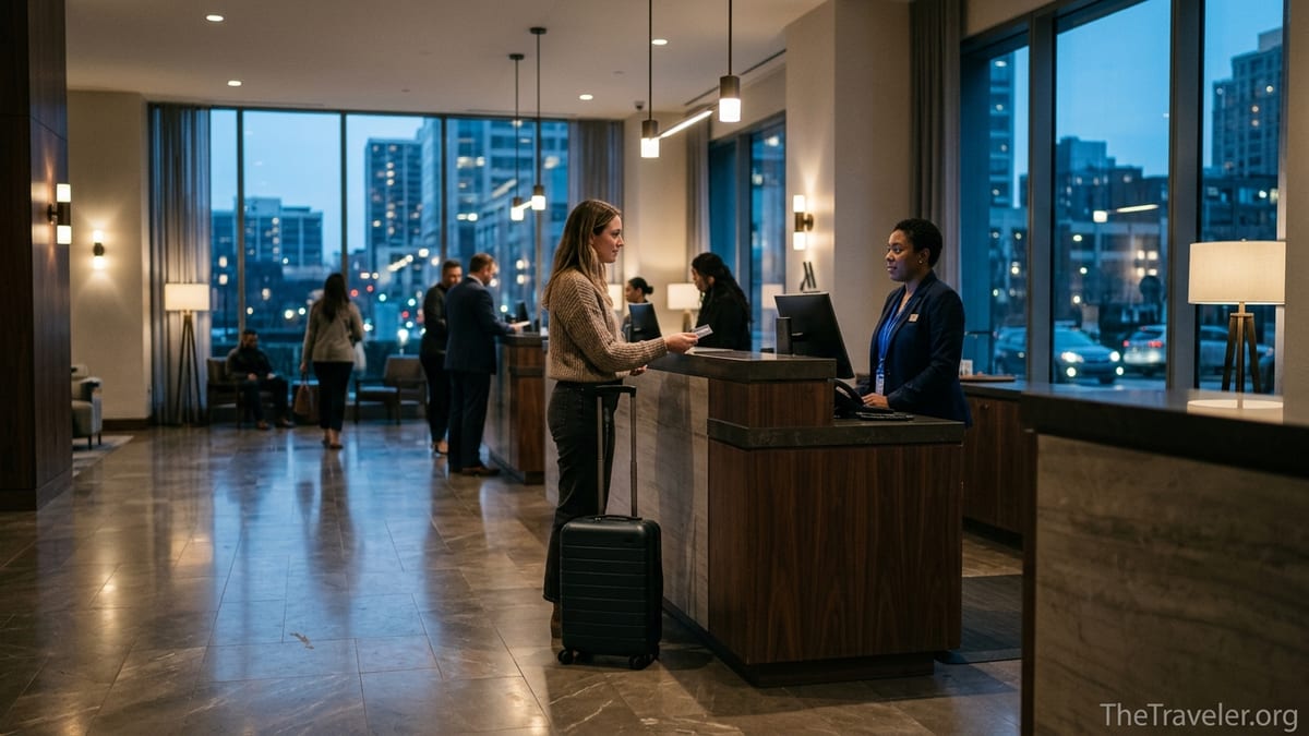 Traveler checking into a Marriott hotel lobby with luggage and credit card at dusk.