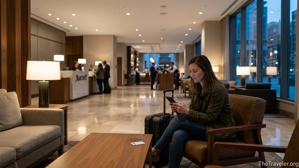 Traveler reviewing a credit card app in a modern Marriott hotel lobby at dusk.