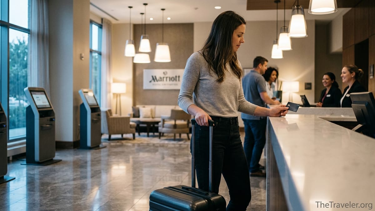 Traveler checking into a modern Marriott hotel lobby while paying with a credit card.