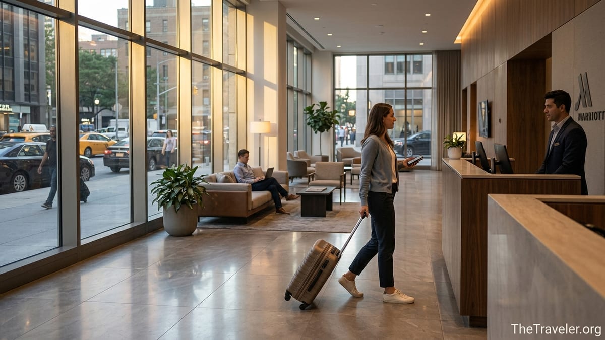 Traveler checking into a modern Marriott hotel lobby with suitcase and credit card wallet.