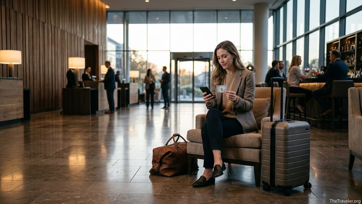 Traveler in upscale hotel lobby reviewing a premium credit card before check-in.