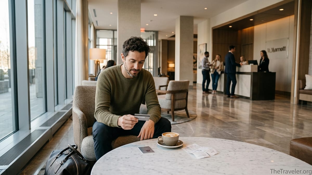 Traveler in a Marriott lobby examining a premium credit card beside coffee and luggage.