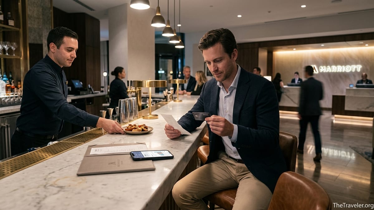 Traveler holding a Marriott credit card at a hotel lobby bar while reviewing a bill.