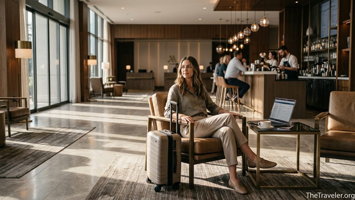 Traveler relaxing in a modern Marriott hotel lobby with luggage and credit card on table.
