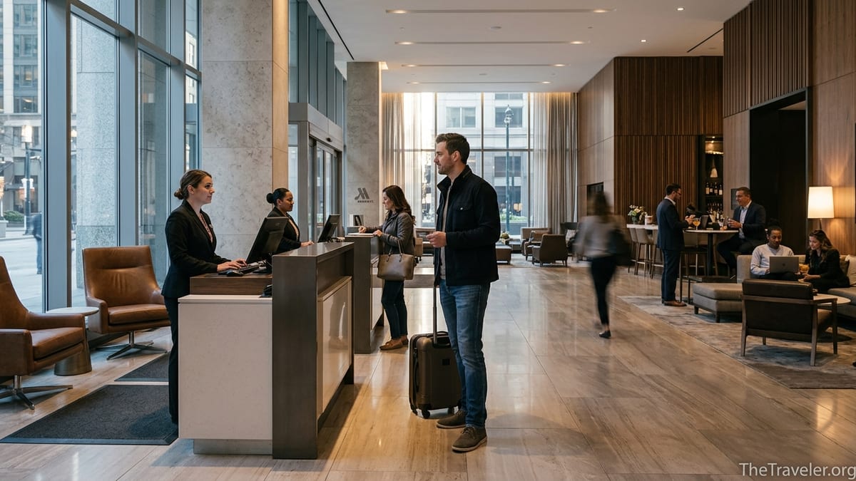 Traveler holding a credit card in an upscale Marriott hotel lobby during check-in.