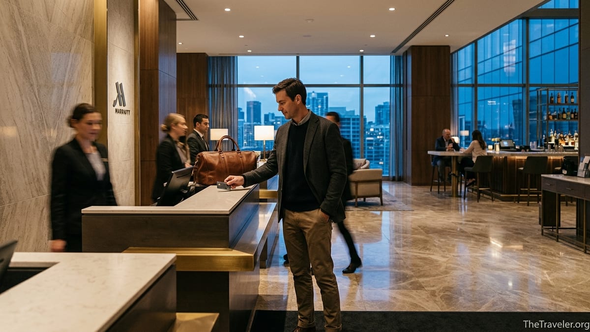 Traveler checking in with a premium credit card at a luxury Marriott hotel lobby.