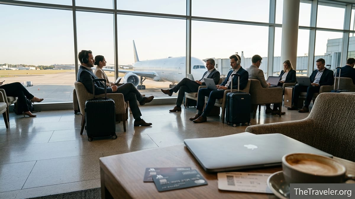 Premium travel credit cards on a table in an airport lounge with planes outside.