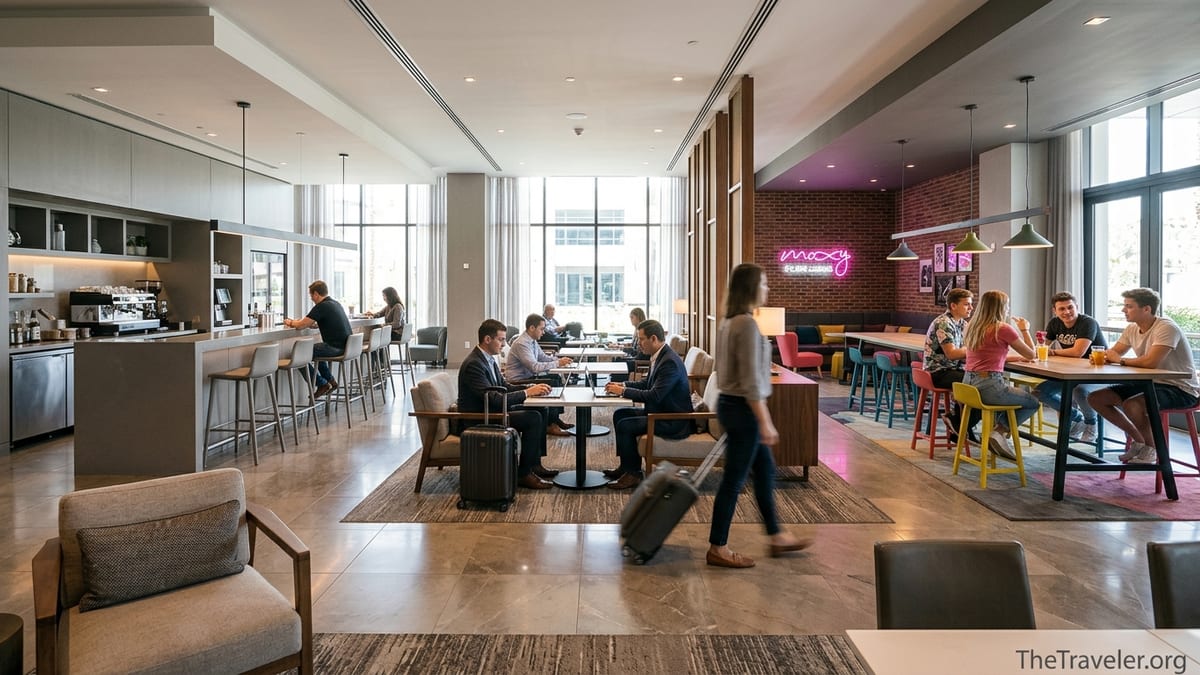 A bright modern hotel lobby blending luxury, business, and lifestyle design with travelers relaxing and working.