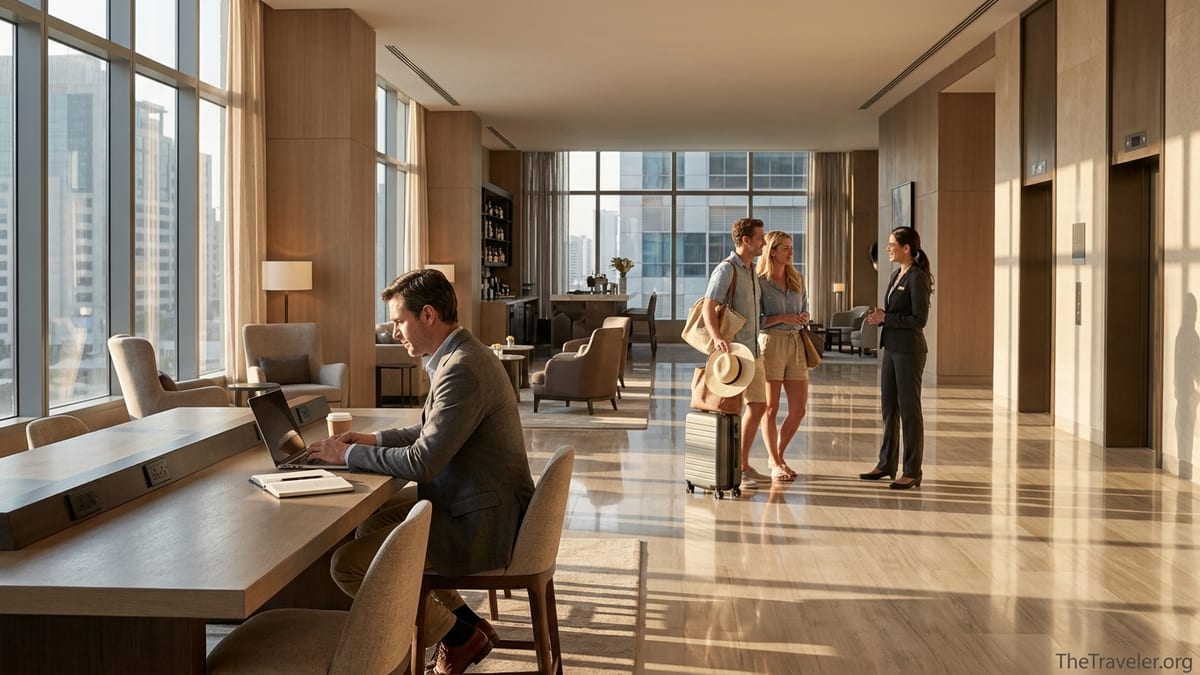 Business and leisure travelers sharing a modern Marriott hotel lobby space.