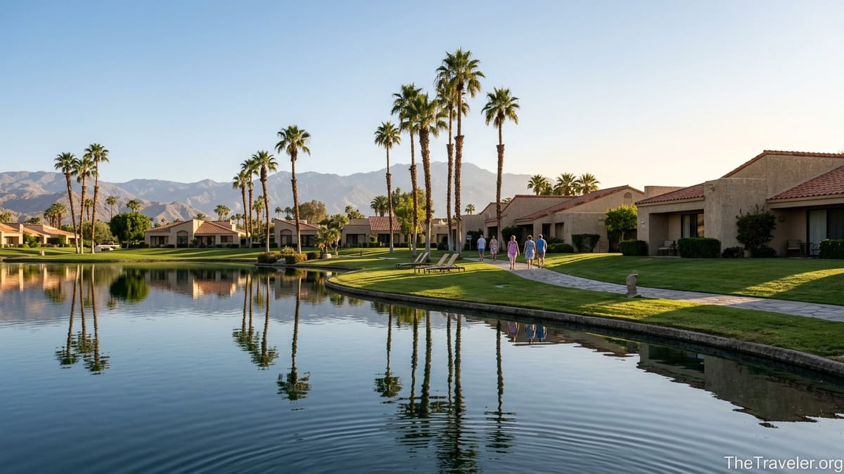 Early-morning view of Marriott’s Desert Springs Villas beside a palm-lined lagoon in Palm Desert.