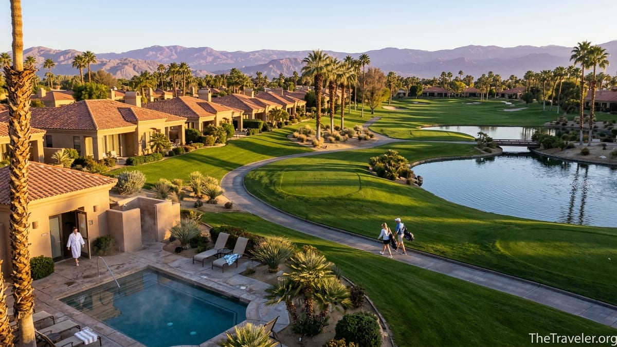 Sunrise over Marriott Desert Springs villas, golf course, pool, and palm trees in Palm Desert.
