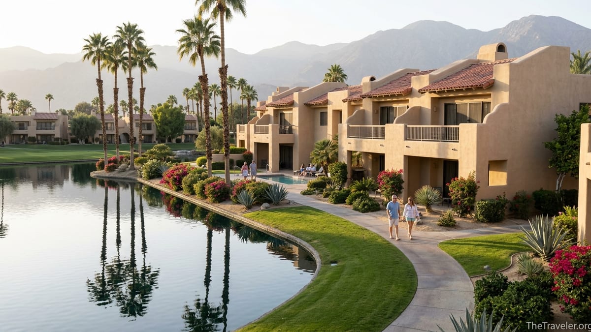 Late afternoon view of Marriott’s Desert Springs Villas with lagoon, palms and mountains.