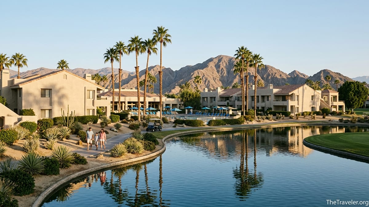 Lagoon, palm trees, and villa buildings at Marriott’s Desert Springs Villas in Palm Desert at sunrise.