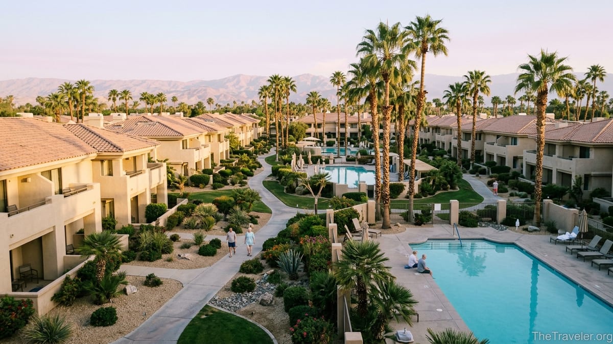 Sunrise over Marriott Desert Springs Villas with pools, palm trees and mountain backdrop in Palm Desert.