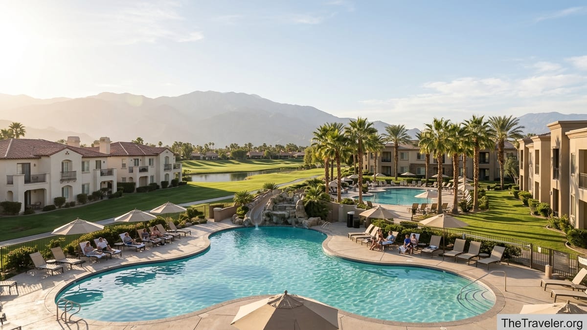 Palm Desert Marriott villa resorts with pools, palm trees and mountain backdrop at sunset.
