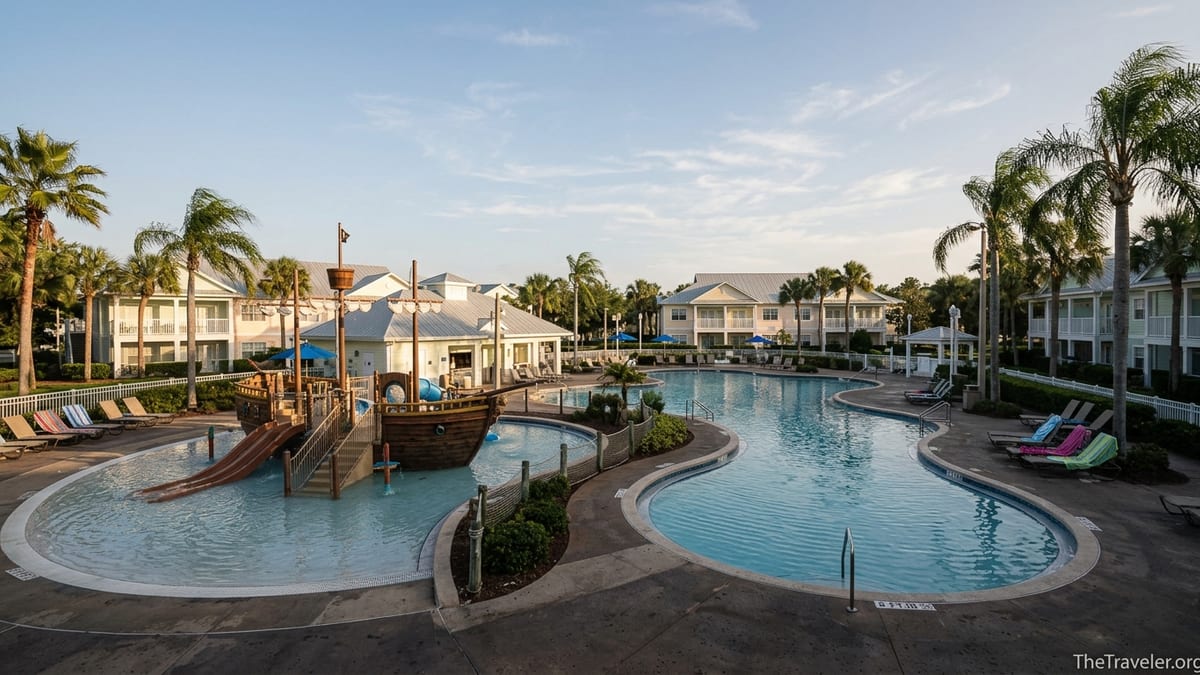 Calm morning at Marriott Vacation Club Harbour Lake pirate ship pool with light crowds.