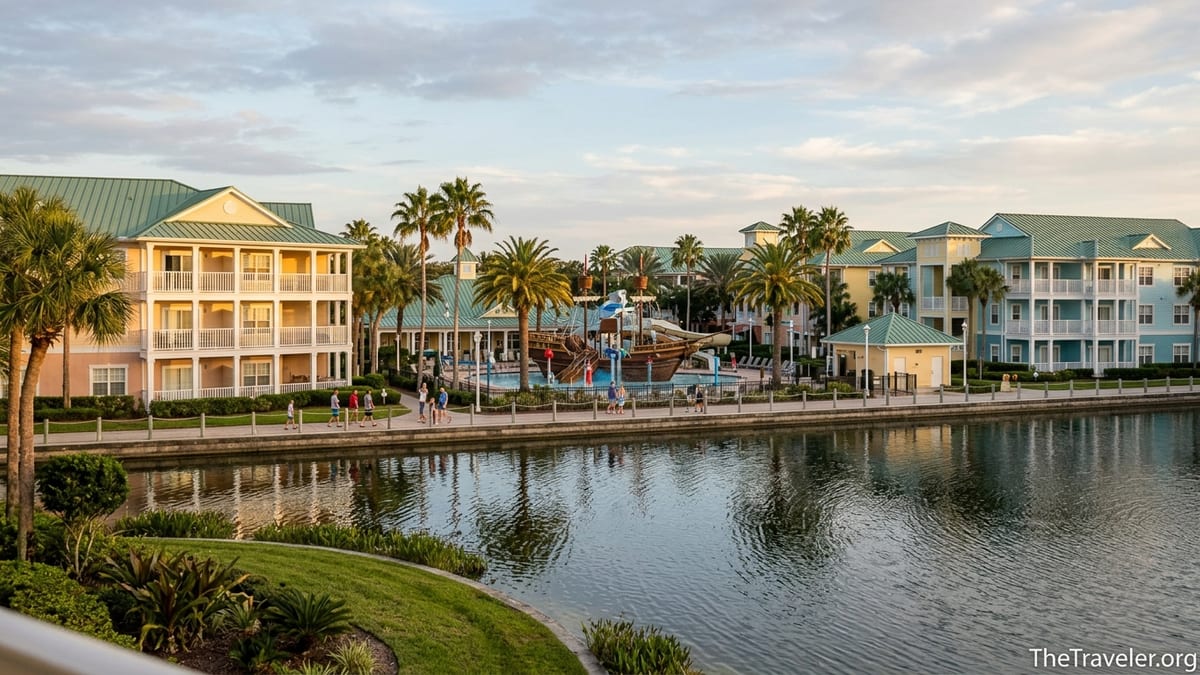 Golden hour view of Marriott’s Harbour Lake villas, pirate ship pool, and lagoon in Orlando.