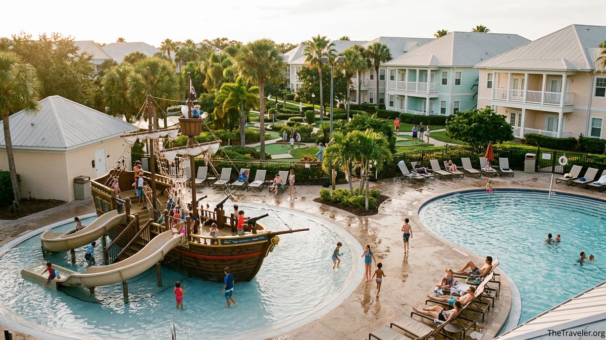 Families playing around the pirate ship pool and mini golf course at Marriott Vacation Club Harbour Lake in Orlando.
