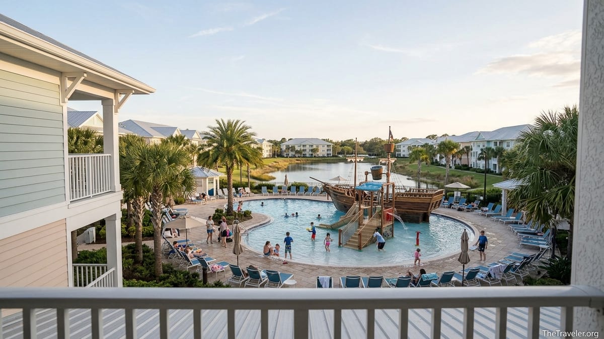 Aerial-style view of Marriott’s Harbour Lake pirate ship pool with families playing and pastel villas in the background.