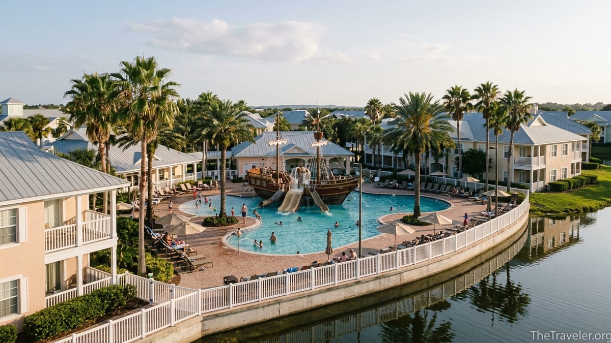 Pirate ship pool and pastel villa buildings at Marriott’s Harbour Lake in Orlando.