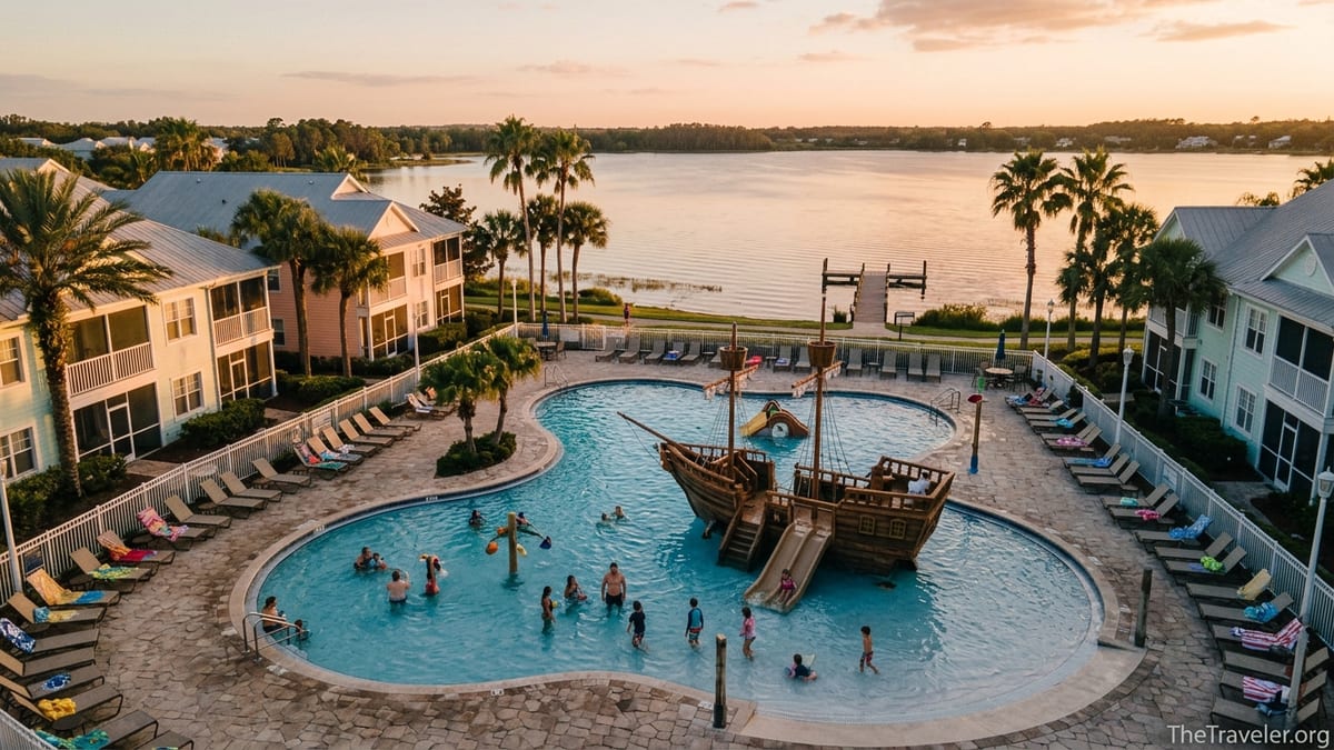 Aerial view of Marriott Harbour Lake pirate ship pool and villas at sunset in Orlando.