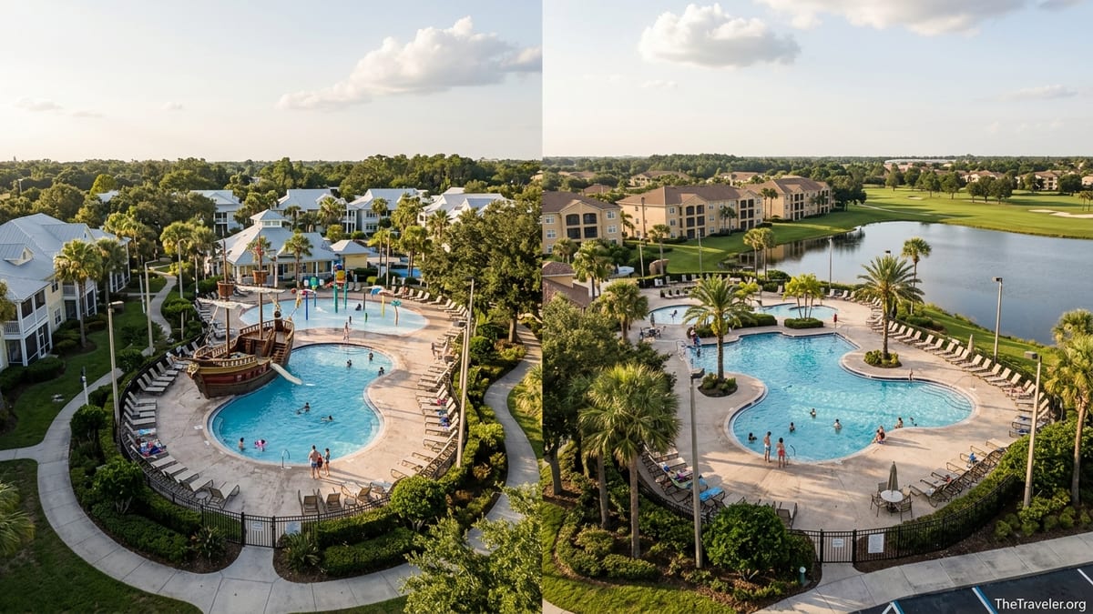 Aerial view of Orlando resort pools with pirate ship play area and lakeside villas.