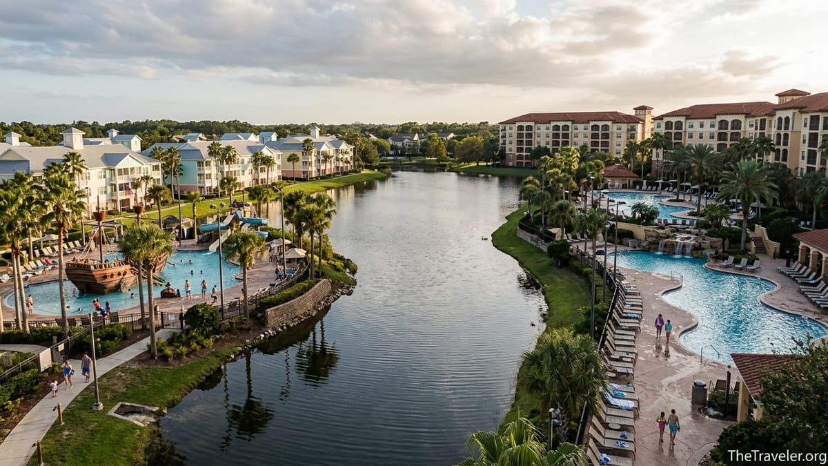 Orlando family resorts with pirate ship pool and lakeside buildings at sunset.