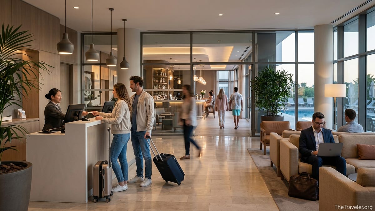 Guests check in and relax in a modern Marriott lobby connecting business and resort spaces.
